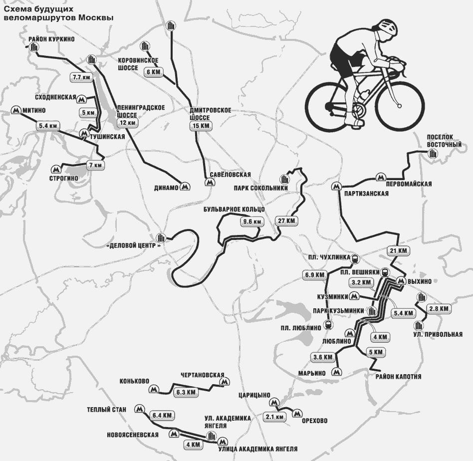 Kaart van de fietsroutes, fietspaden en fietsstroken van Moskou