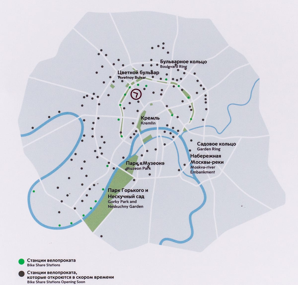 Kaart van de Velobike-stations, fietsstations en fietsverhuur in Moskou
